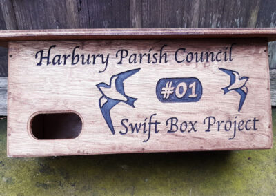 The first of the Harbury Parish Council's inscribed swift nest boxes